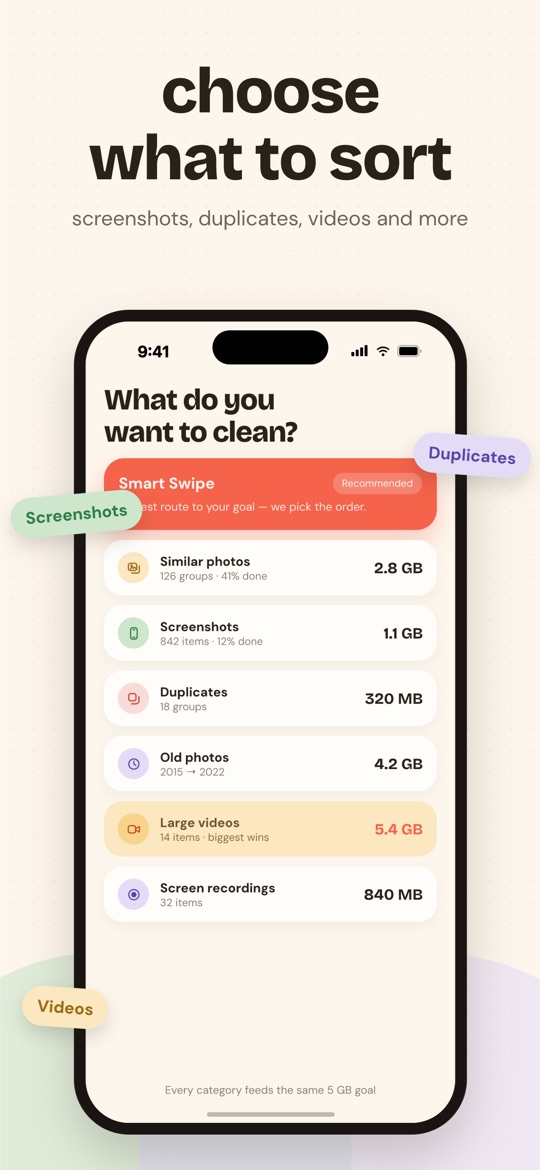 Giga's Clean tab: the seven modes with their weight in gigabytes