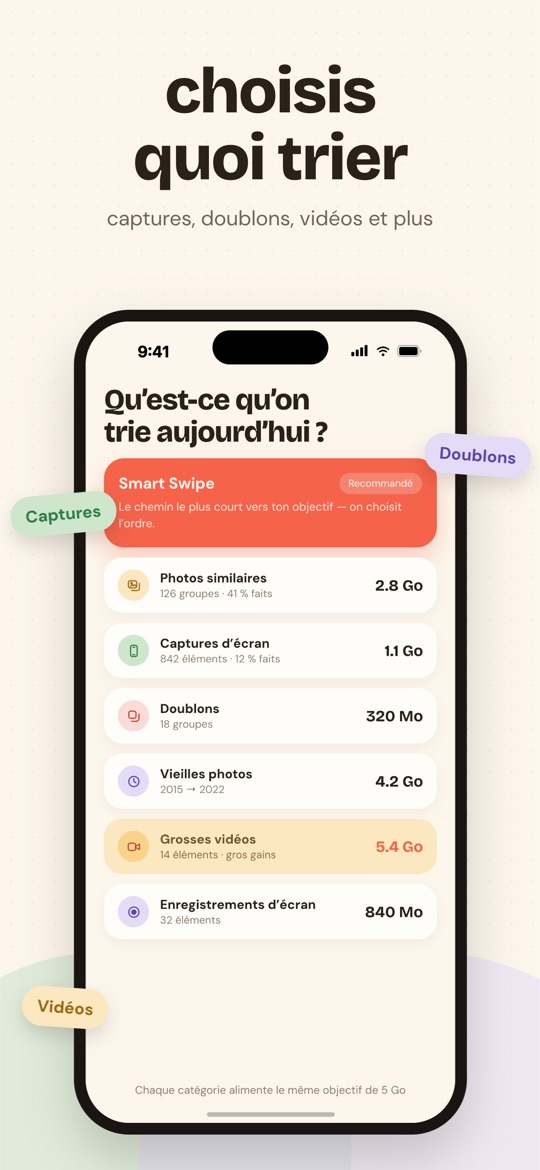 Onglet Nettoyer de Giga : la catégorie Captures d'écran avec son poids, parmi les sept modes